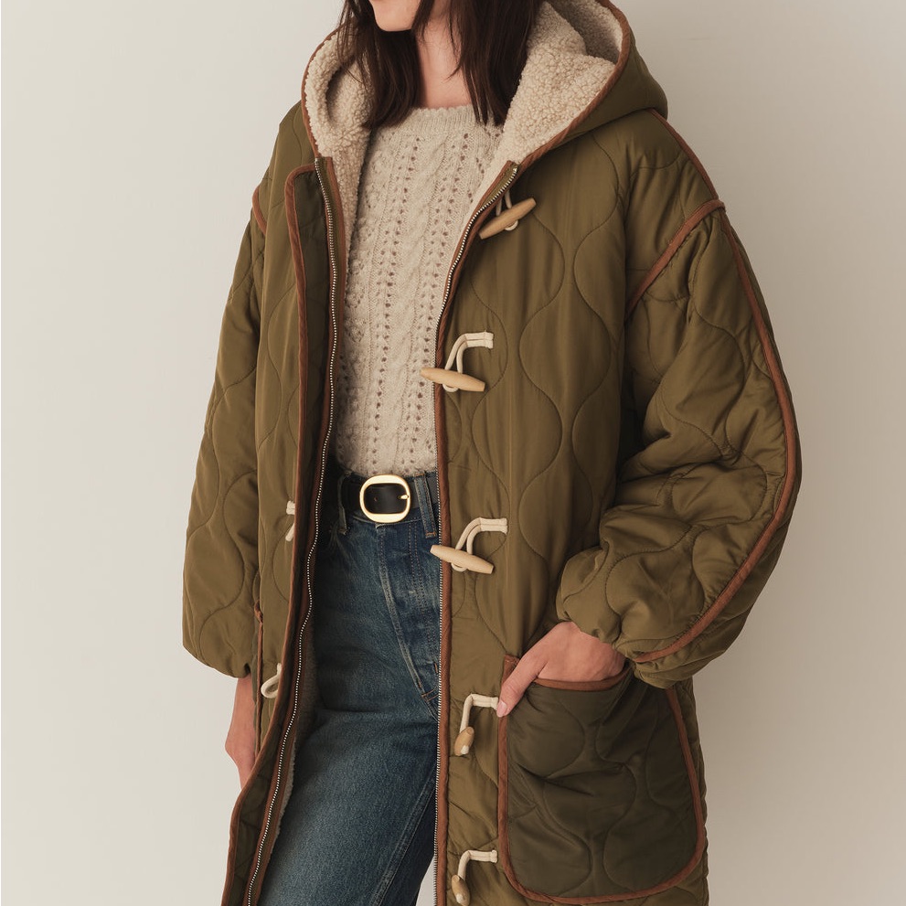 Doen Olive Green Quilted Toggle Puffer Coat With Cream Sherpa Lining